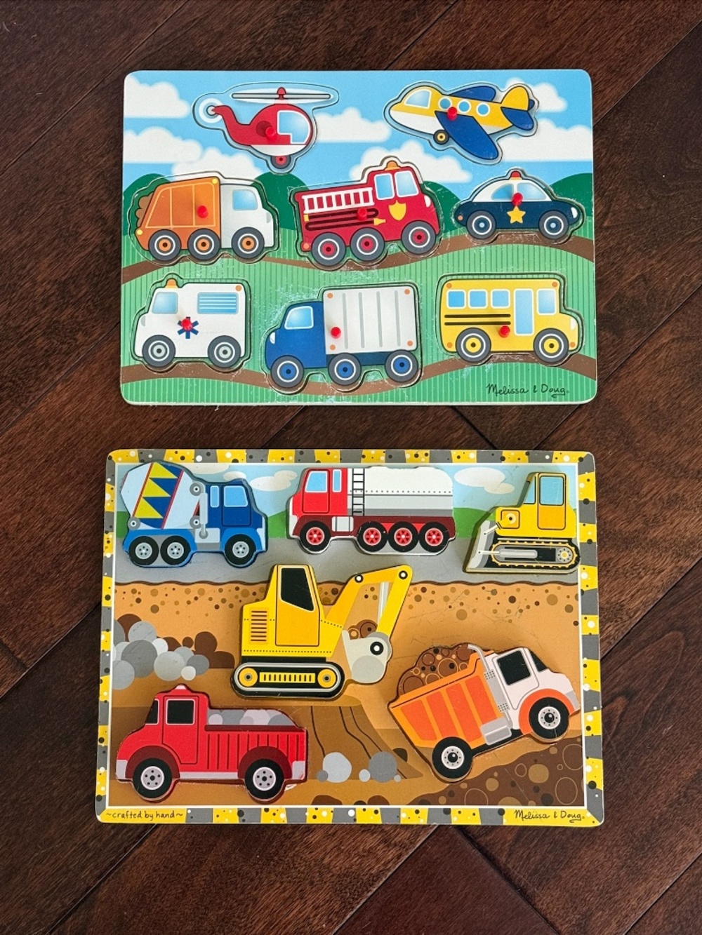 2 Melissa & Doug Truck Puzzles- Construction Chunky Puzzle & Vehicles Peg Puzzle